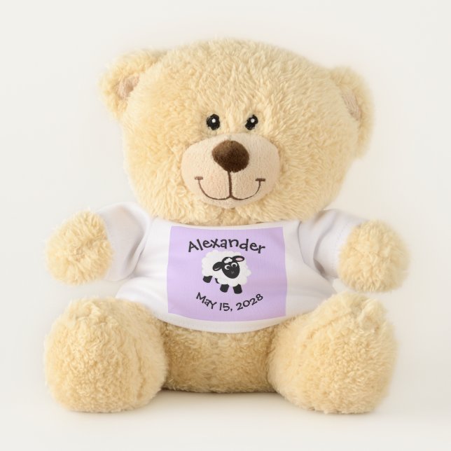 Cute Cartoon Sheep Purple Name Teddy Bear (Front)