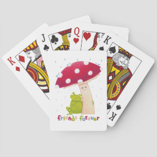 Cute cartoon sitting frog and mushroom in rain poker cards