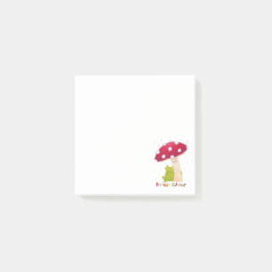 Cute cartoon sitting frog and mushroom in rain post-it notes