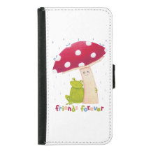 Cute cartoon sitting frog and mushroom in rain