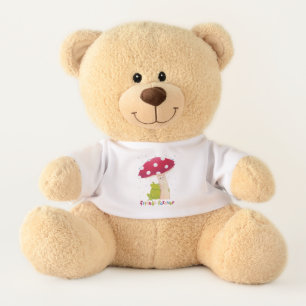 Cute cartoon sitting frog and mushroom in rain teddy bear