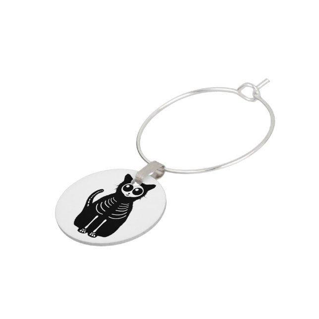 Cute Cartoon Skeleton Halloween Cat Wine Glass Charm (Side)