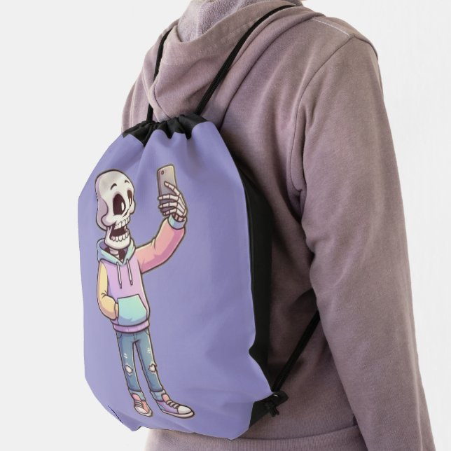 Cute Cartoon Skeleton Selfie - Full Body Trendy  Drawstring Bag (Insitu)