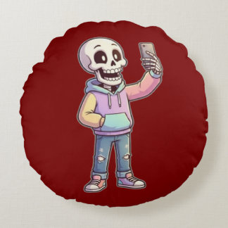 Cute Cartoon Skeleton Selfie - Full Body Trendy  Round Pillow