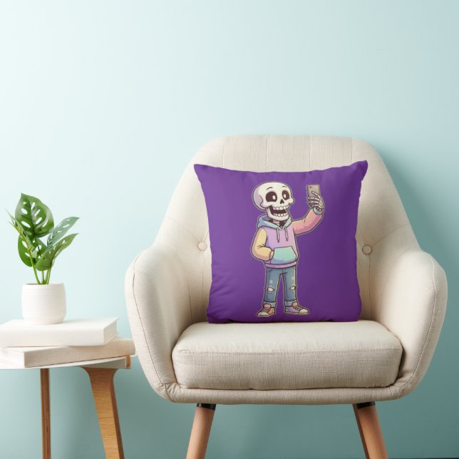 Cute Cartoon Skeleton Selfie - Full Body Trendy  Throw Pillow (Chair)