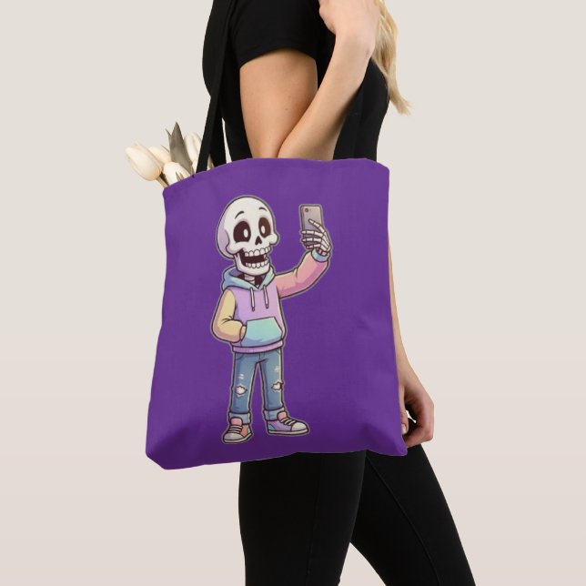 Cute Cartoon Skeleton Selfie - Full Body Trendy  Tote Bag (Close Up)