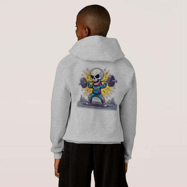“Cute Cartoon Skeleton Weightlifter • Funny Gym Ba Hoodie (Back Full)