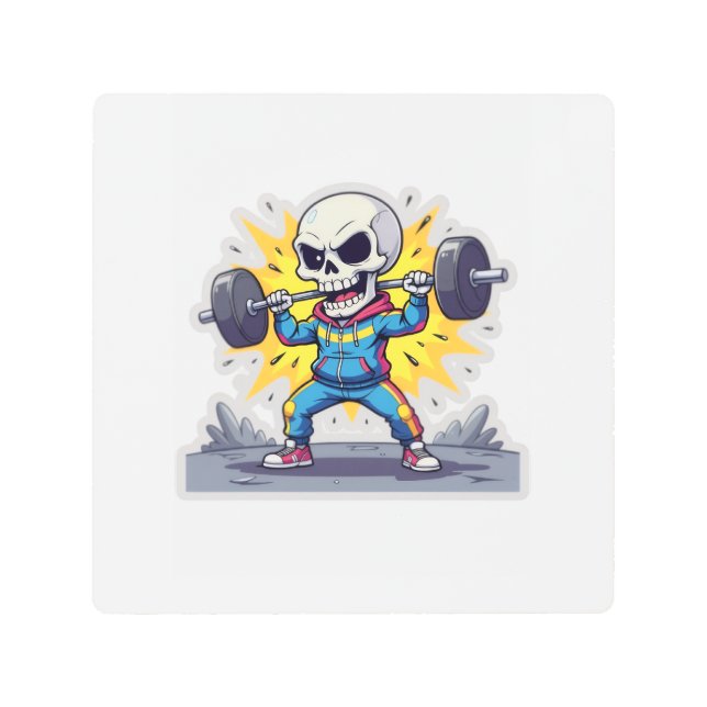 “Cute Cartoon Skeleton Weightlifter • Funny Gym Ba Metal Print (Front)