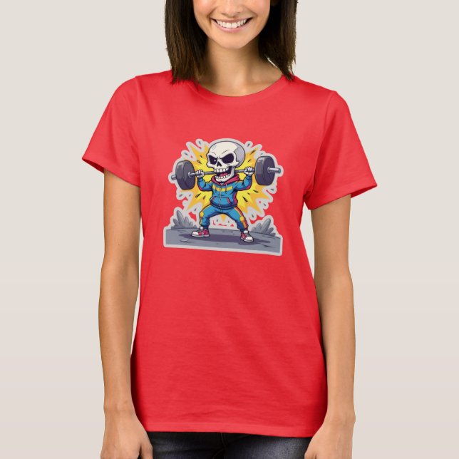 “Cute Cartoon Skeleton Weightlifter • Funny Gym Ba T-Shirt (Front)