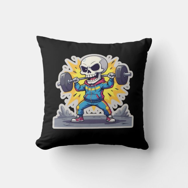 “Cute Cartoon Skeleton Weightlifter • Funny Gym Ba Throw Pillow (Front)