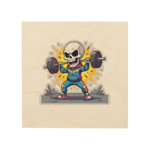 “Cute Cartoon Skeleton Weightlifter • Funny Gym Ba Wood Wall Art