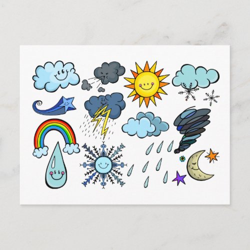 Cute Cartoon Sky Weather Doodles Climate Seasons Postcard