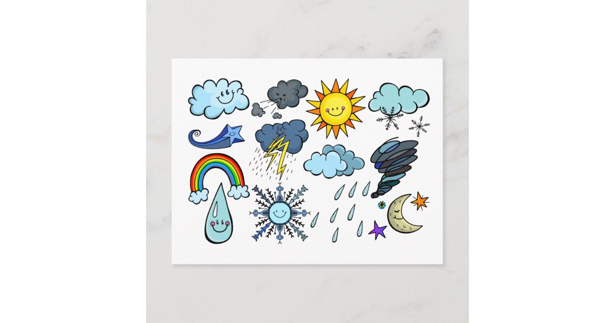 Cute Cartoon Sky Weather Doodles Climate Seasons Postcard | Zazzle