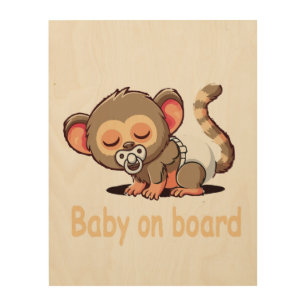 Cute Cartoon Sleeping Monkey   Baby on Board Car S Wood Wall Art