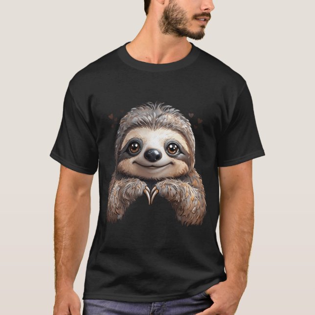 Cute Cartoon Sloth Making Heart T-Shirt (Front)