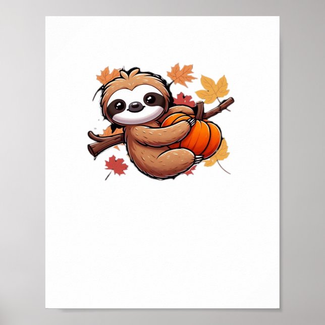 Cute Cartoon Sloth with Pumpkin - Autumn Season Ov Poster (Front)