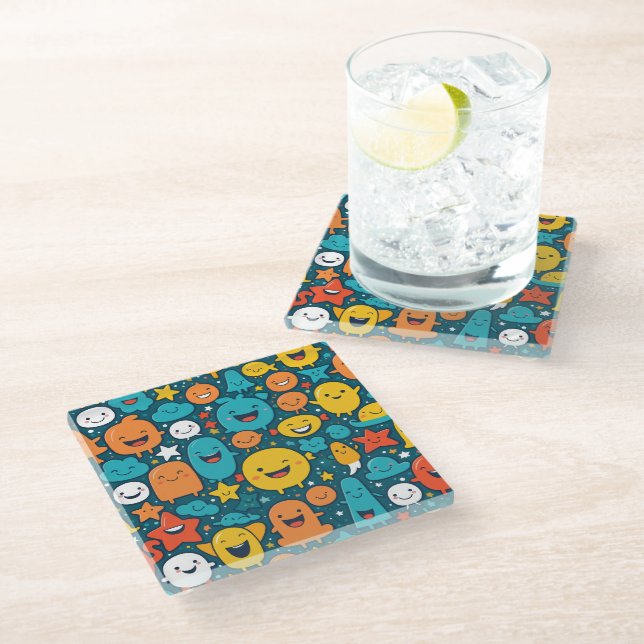 Cute Cartoon Smiley Characters – Fun Glass Coaster (Angled)