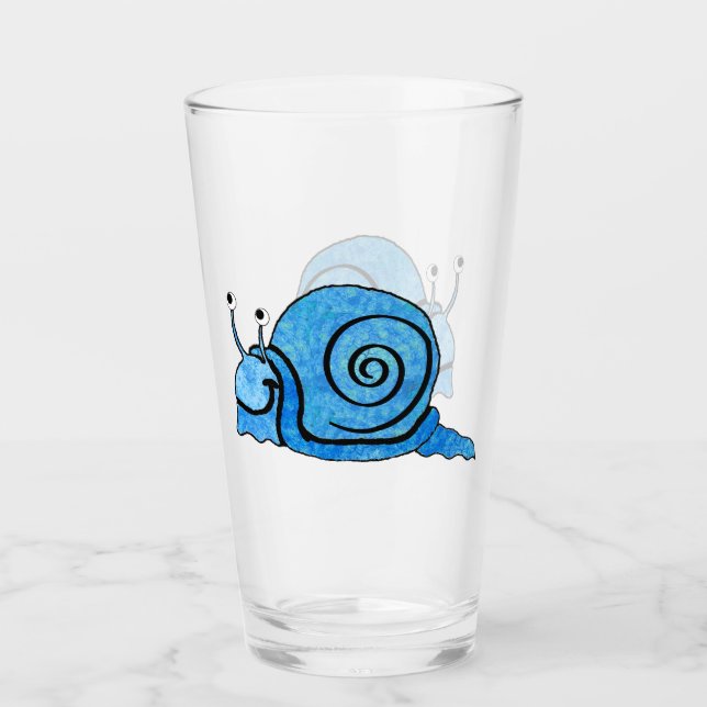 Cute Cartoon Smiling Blue Patterned Snail Glass (Front)