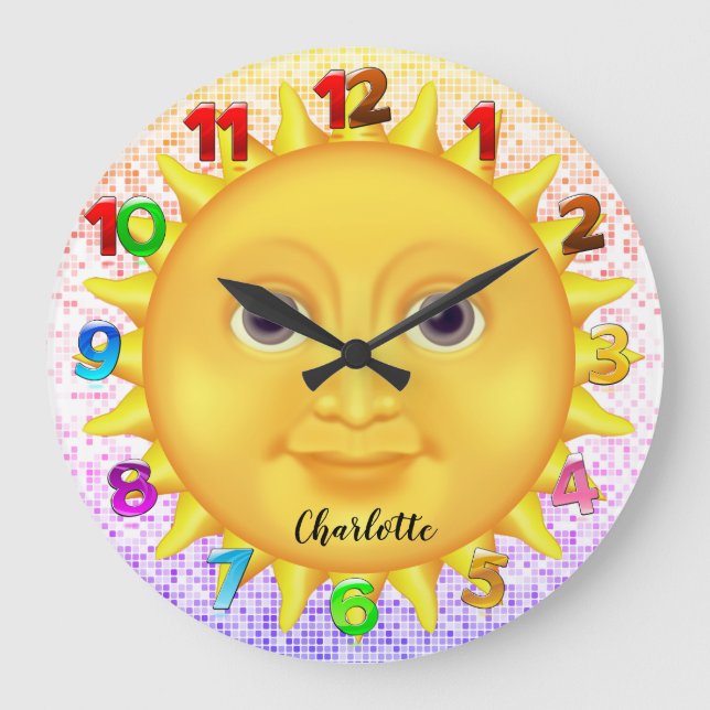 Cute Cartoon Smiling Sun  with Sweet Bumblebee   Large Clock (Front)