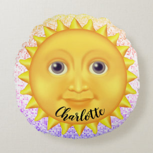 Cute Cartoon Smiling Sun  with Sweet Bumblebee    Round Pillow