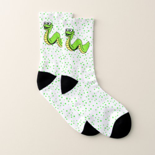 Cute Cartoon Snake Bright Green Yellow polka Dots Socks