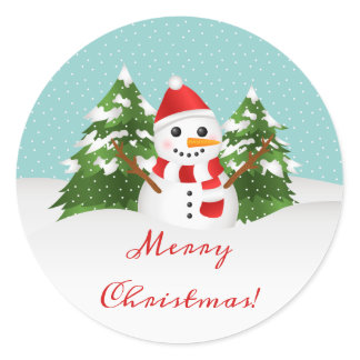 Cute Cartoon Snowman And Merry Christmas Text Classic Round Sticker