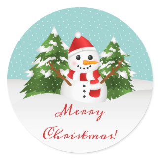 Cute Cartoon Snowman And Merry Christmas Text Classic Round Sticker