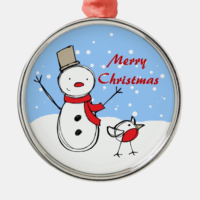 Cute Cartoon Snowman and robin Metal Ornament (Front)