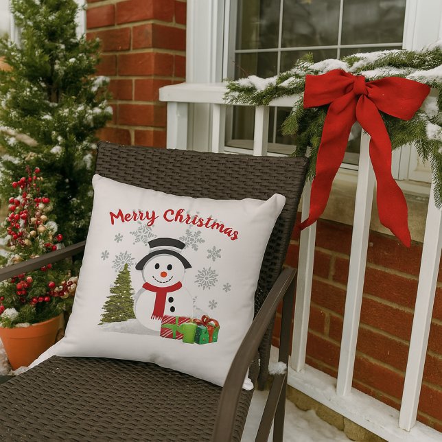 Cute Cartoon Snowman Christmas Outdoor Pillow (Add a cheerful touch to your porch with this festive snowman pillow)