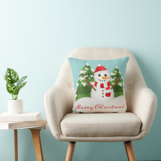 Cute Cartoon Snowman Custom Family Name Christmas Throw Pillow