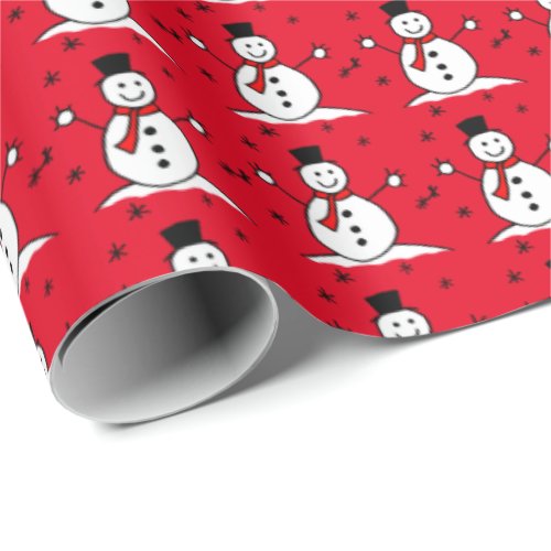 Cute Cartoon Snowman Red Christmas Wrapping Paper