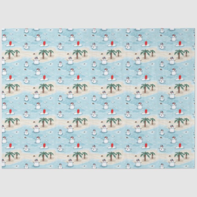 Cute Cartoon Snowmen on a Beach Vacation Tissue Paper (Front)