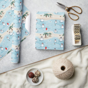 Cute Cartoon Snowmen on a Beach Vacation Wrapping Paper