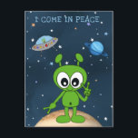 Cute Cartoon Space Alien I Come In Peace Sign Postcard<br><div class="desc">Cute cartoon green alien giving the peace sign with the caption "I Come In Peace" on a background of space,  stars,  planets and spaceship (UFO). The back says "Greetings Earthling".</div>