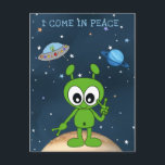 Cute Cartoon Space Alien I Come In Peace Sign Postcard<br><div class="desc">Cute cartoon green alien giving the peace sign with the caption "I Come In Peace" on a background of space,  stars,  planets and spaceship (UFO). The back says "Greetings Earthling".</div>