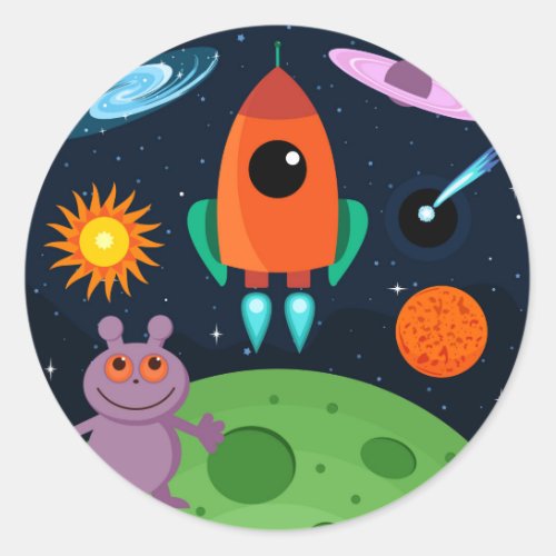 Cute Cartoon Space Illustration with Alien  Classic Round Sticker