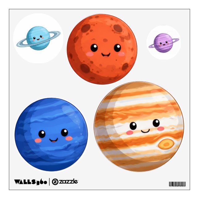 Cute Cartoon Space Planets Kids Wall Decal Set (Front)