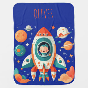 Cute Cartoon Space Rocket Personalized Baby Blanket