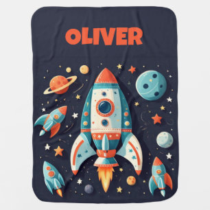 Cute Cartoon Space Rocket Personalized Baby Blanket