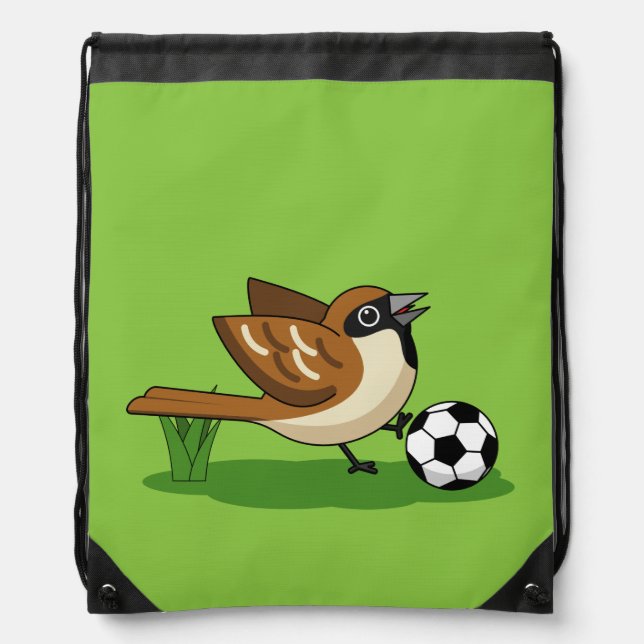Cute Cartoon Sparrow Playing Soccer Drawstring Bag (Front)