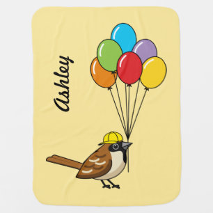 Cute Cartoon Sparrow with Balloons Baby Name Blanket