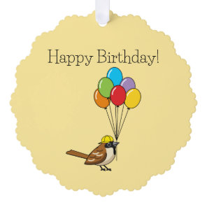 Cute Cartoon Sparrow with Balloons Birthday Ornament Card