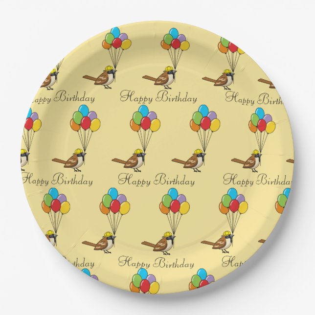 Cute Cartoon Sparrow with Balloons Birthday Paper Plates (Front)