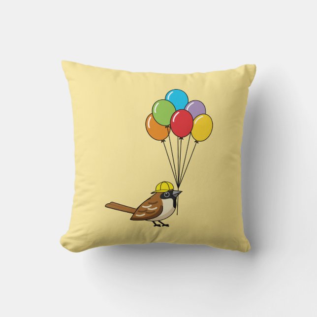Cute Cartoon Sparrow with Balloons  Throw Pillow (Front)