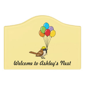 Cute Cartoon Sparrow with Balloons with Kid's Name Door Sign