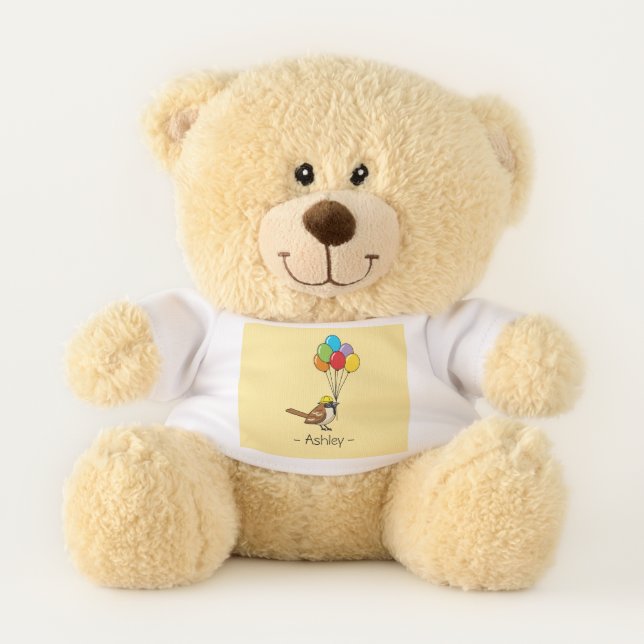 Cute Cartoon Sparrow with Balloons with Kid's Name Teddy Bear (Front)