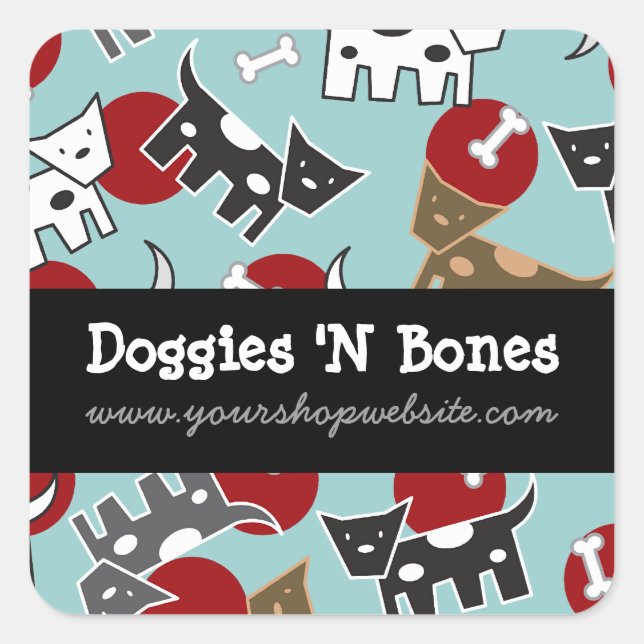 Cute Cartoon Spotted Doggies & Bones Pet Shop Square Sticker (Front)