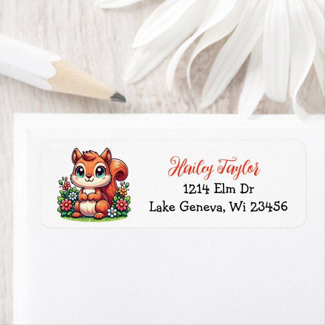 Cute Cartoon Squirrel and Flowers Pink Label (Insitu)