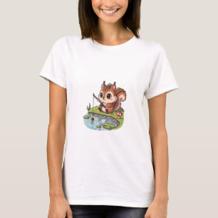 Cute Cartoon Squirrel Fishing with Acorn in Pond T-Shirt