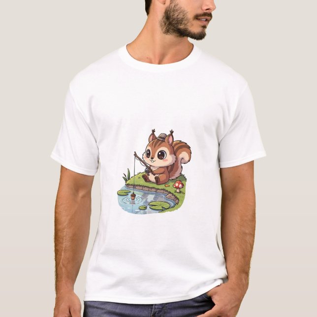 Cute Cartoon Squirrel Fishing with Acorn in Pond T-Shirt (Front)
